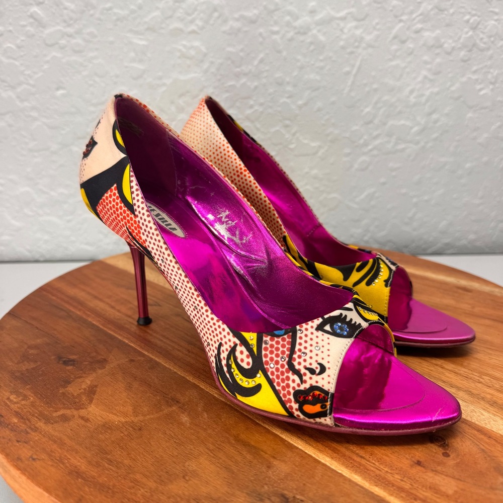 Le Silla Pop Art Comic Print Peep Toe Pumps Fuchsia Pink Stiletto 36